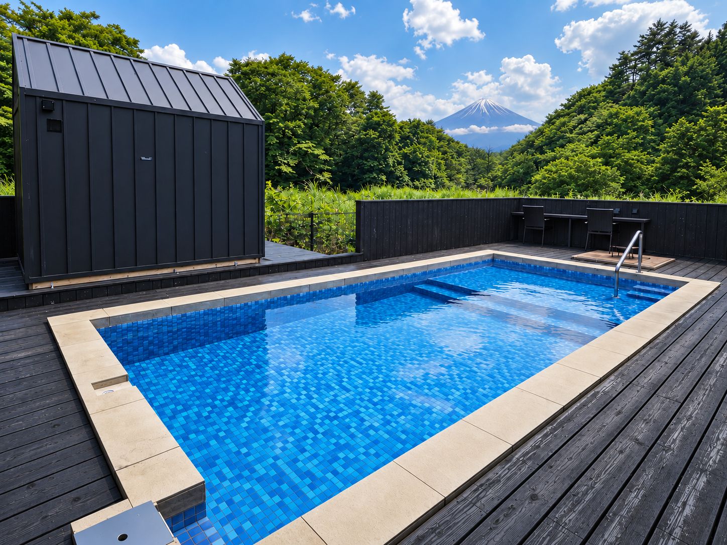 富士山を望むヴィラのサウナ小屋とプール